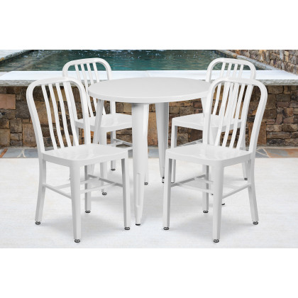 BLNK - Chad Commercial Round Metal Indoor-Outdoor Table Set with 4 Vertical Slat Back Chairs
