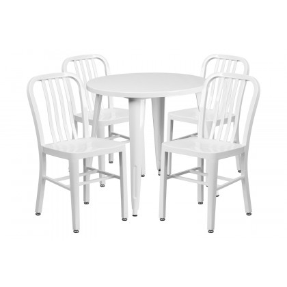 BLNK Chad Commercial Round Metal Indoor-Outdoor Table Set with 4 Vertical Slat Back Chairs - White