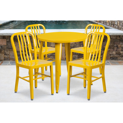 BLNK - Chad Commercial Round Metal Indoor-Outdoor Table Set with 4 Vertical Slat Back Chairs