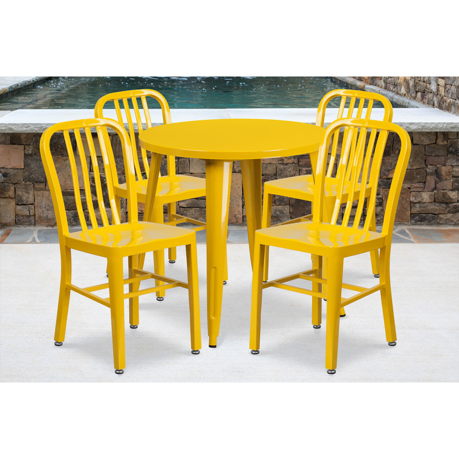 BLNK Chad Commercial Round Metal Indoor-Outdoor Table Set with 4 Vertical Slat Back Chairs - Yellow