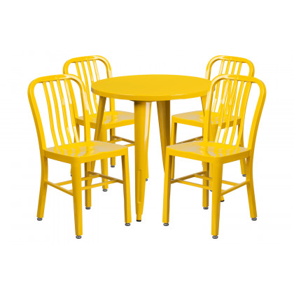 BLNK Chad Commercial Round Metal Indoor-Outdoor Table Set with 4 Vertical Slat Back Chairs - Yellow