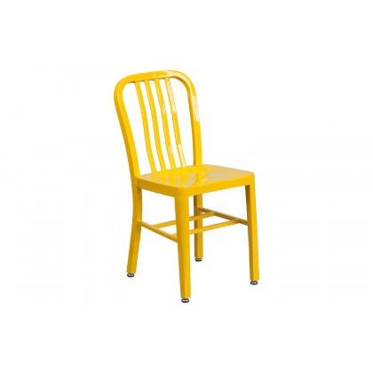 BLNK Chad Commercial Round Metal Indoor-Outdoor Table Set with 4 Vertical Slat Back Chairs - Yellow