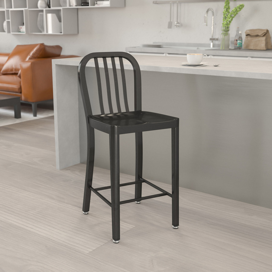 BLNK - Gael Commercial Metal Indoor-Outdoor Counter Height Stool with Vertical Slat Back