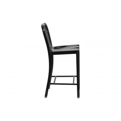 BLNK Gael Commercial Metal Indoor-Outdoor Counter Height Stool with Vertical Slat Back - Black