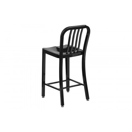 BLNK Gael Commercial Metal Indoor-Outdoor Counter Height Stool with Vertical Slat Back - Black