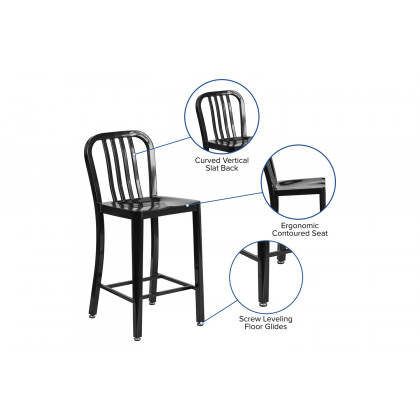BLNK Gael Commercial Metal Indoor-Outdoor Counter Height Stool with Vertical Slat Back - Black