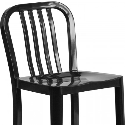 BLNK Gael Commercial Metal Indoor-Outdoor Counter Height Stool with Vertical Slat Back - Black