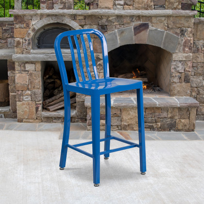 BLNK - Gael Commercial Metal Indoor-Outdoor Counter Height Stool with Vertical Slat Back