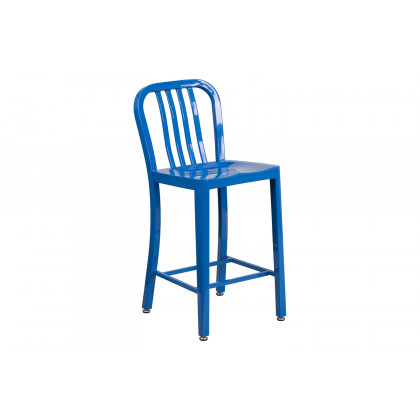 BLNK Gael Commercial Metal Indoor-Outdoor Counter Height Stool with Vertical Slat Back - Blue