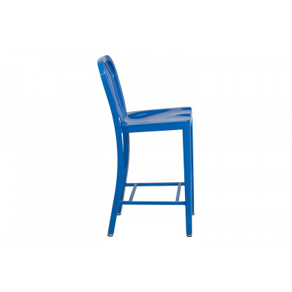 BLNK Gael Commercial Metal Indoor-Outdoor Counter Height Stool with Vertical Slat Back - Blue