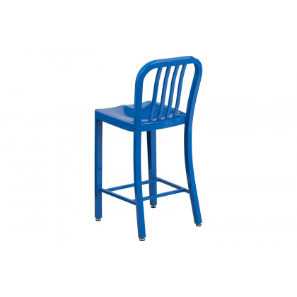 BLNK Gael Commercial Metal Indoor-Outdoor Counter Height Stool with Vertical Slat Back - Blue