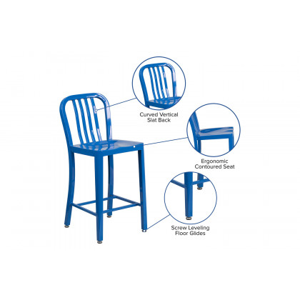 BLNK Gael Commercial Metal Indoor-Outdoor Counter Height Stool with Vertical Slat Back - Blue