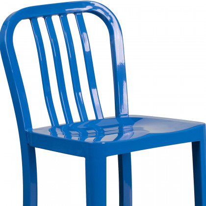 BLNK Gael Commercial Metal Indoor-Outdoor Counter Height Stool with Vertical Slat Back - Blue