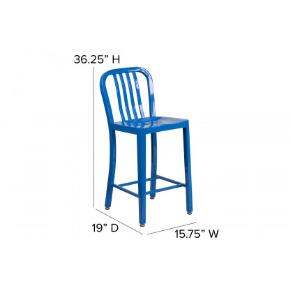 BLNK Gael Commercial Metal Indoor-Outdoor Counter Height Stool with Vertical Slat Back - Blue