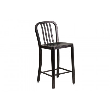 BLNK Gael Commercial Metal Indoor-Outdoor Counter Height Stool with Vertical Slat Back - Black/Antique Gold