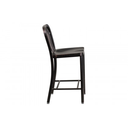 BLNK Gael Commercial Metal Indoor-Outdoor Counter Height Stool with Vertical Slat Back - Black/Antique Gold