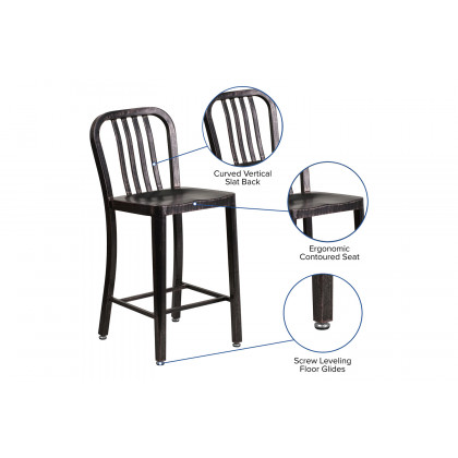 BLNK Gael Commercial Metal Indoor-Outdoor Counter Height Stool with Vertical Slat Back - Black/Antique Gold