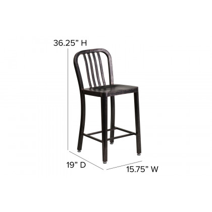 BLNK Gael Commercial Metal Indoor-Outdoor Counter Height Stool with Vertical Slat Back - Black/Antique Gold