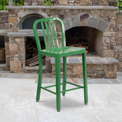 BLNK - Gael Commercial Metal Indoor-Outdoor Counter Height Stool with Vertical Slat Back