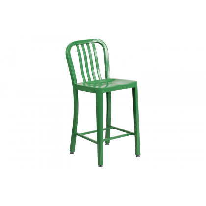BLNK Gael Commercial Metal Indoor-Outdoor Counter Height Stool with Vertical Slat Back - Green
