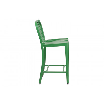 BLNK Gael Commercial Metal Indoor-Outdoor Counter Height Stool with Vertical Slat Back - Green