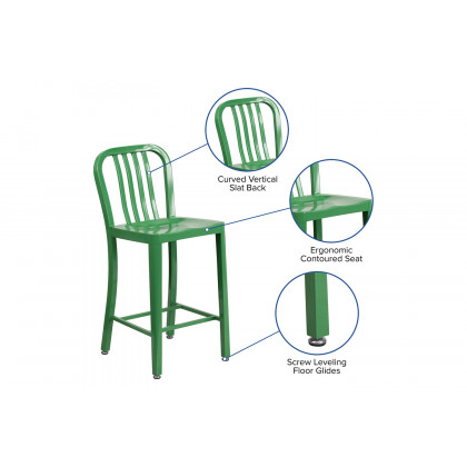 BLNK Gael Commercial Metal Indoor-Outdoor Counter Height Stool with Vertical Slat Back - Green
