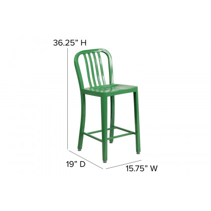 BLNK Gael Commercial Metal Indoor-Outdoor Counter Height Stool with Vertical Slat Back - Green