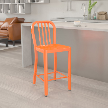 BLNK - Gael Commercial Metal Indoor-Outdoor Counter Height Stool with Vertical Slat Back