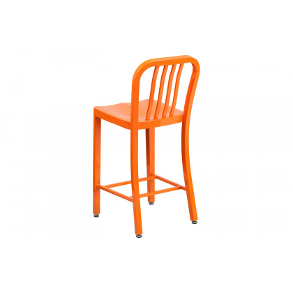 BLNK Gael Commercial Metal Indoor-Outdoor Counter Height Stool with Vertical Slat Back - Orange