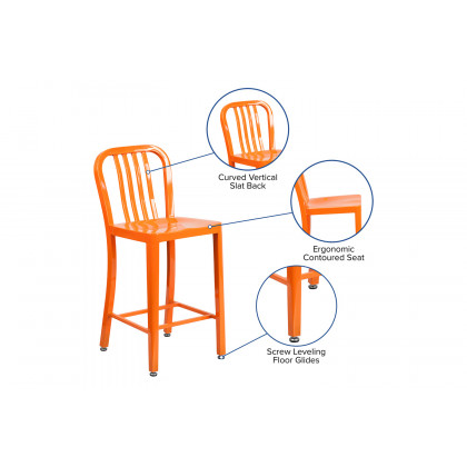 BLNK Gael Commercial Metal Indoor-Outdoor Counter Height Stool with Vertical Slat Back - Orange