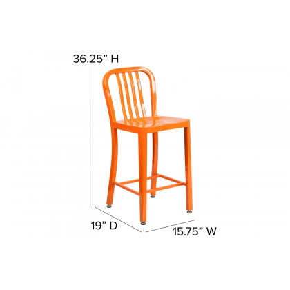BLNK Gael Commercial Metal Indoor-Outdoor Counter Height Stool with Vertical Slat Back - Orange