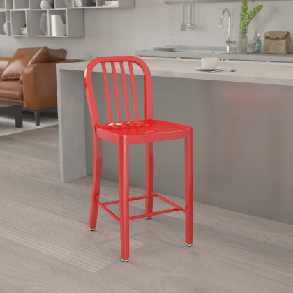 BLNK - Gael Commercial Metal Indoor-Outdoor Counter Height Stool with Vertical Slat Back