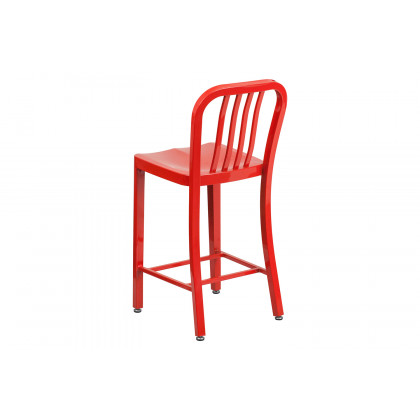 BLNK Gael Commercial Metal Indoor-Outdoor Counter Height Stool with Vertical Slat Back - Red