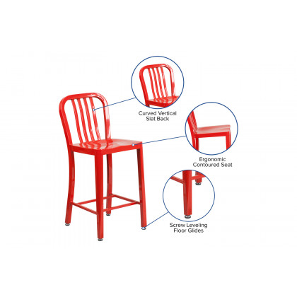 BLNK Gael Commercial Metal Indoor-Outdoor Counter Height Stool with Vertical Slat Back - Red