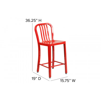 BLNK Gael Commercial Metal Indoor-Outdoor Counter Height Stool with Vertical Slat Back - Red
