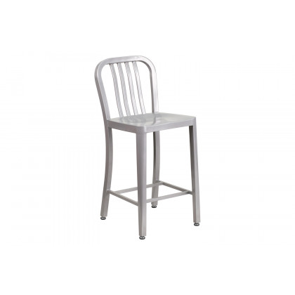 BLNK Gael Commercial Metal Indoor-Outdoor Counter Height Stool with Vertical Slat Back - Silver