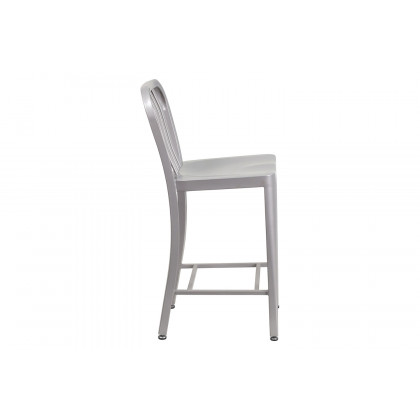 BLNK Gael Commercial Metal Indoor-Outdoor Counter Height Stool with Vertical Slat Back - Silver