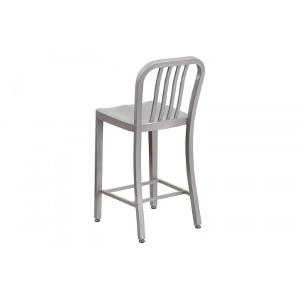 BLNK Gael Commercial Metal Indoor-Outdoor Counter Height Stool with Vertical Slat Back - Silver