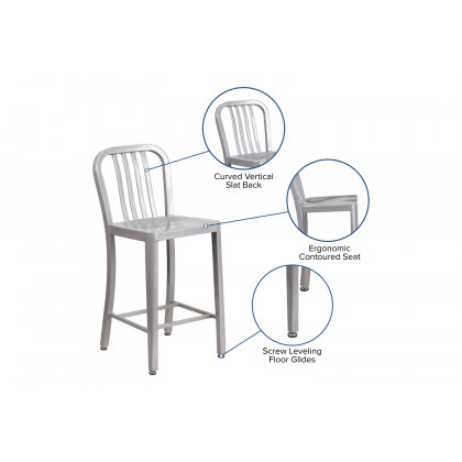 BLNK Gael Commercial Metal Indoor-Outdoor Counter Height Stool with Vertical Slat Back - Silver