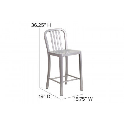 BLNK Gael Commercial Metal Indoor-Outdoor Counter Height Stool with Vertical Slat Back - Silver