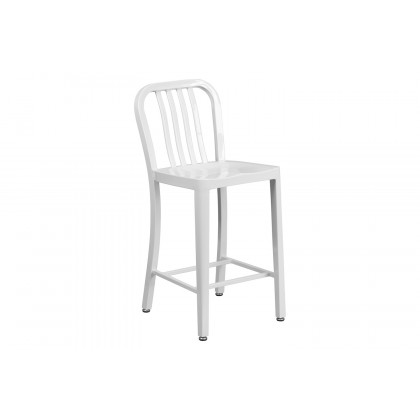 BLNK Gael Commercial Metal Indoor-Outdoor Counter Height Stool with Vertical Slat Back - White