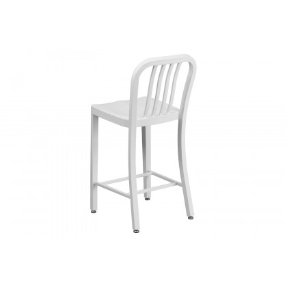 BLNK Gael Commercial Metal Indoor-Outdoor Counter Height Stool with Vertical Slat Back - White