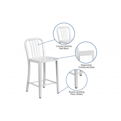 BLNK Gael Commercial Metal Indoor-Outdoor Counter Height Stool with Vertical Slat Back - White