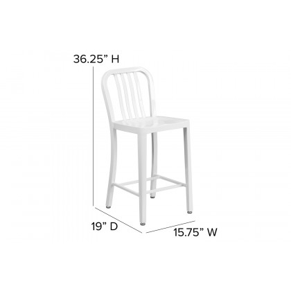 BLNK Gael Commercial Metal Indoor-Outdoor Counter Height Stool with Vertical Slat Back - White