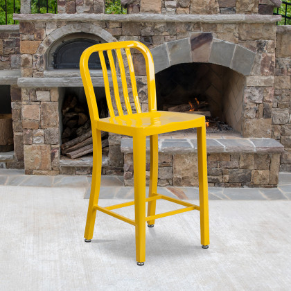 BLNK - Gael Commercial Metal Indoor-Outdoor Counter Height Stool with Vertical Slat Back