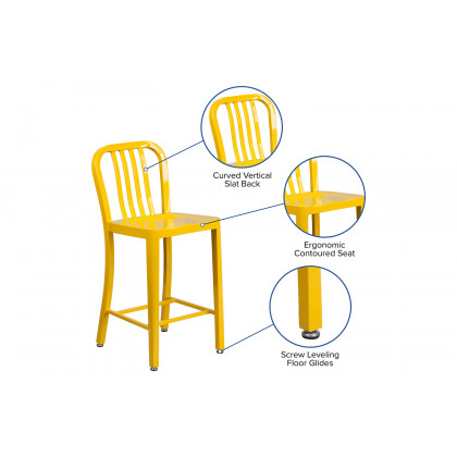 BLNK Gael Commercial Metal Indoor-Outdoor Counter Height Stool with Vertical Slat Back - Yellow