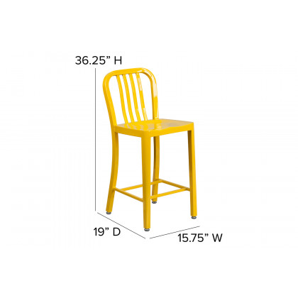 BLNK Gael Commercial Metal Indoor-Outdoor Counter Height Stool with Vertical Slat Back - Yellow