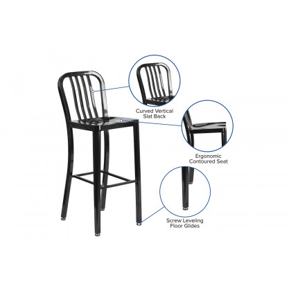 BLNK Gael Commercial Metal Indoor-Outdoor Bar Stool with Vertical Slat Back - Black