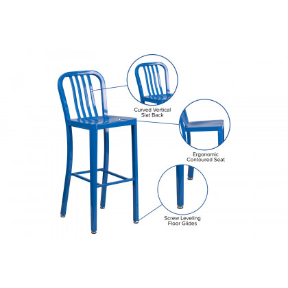 BLNK Gael Commercial Metal Indoor-Outdoor Bar Stool with Vertical Slat Back - Blue