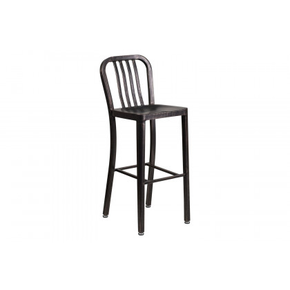BLNK Gael Commercial Metal Indoor-Outdoor Bar Stool with Vertical Slat Back - Black/Antique Gold
